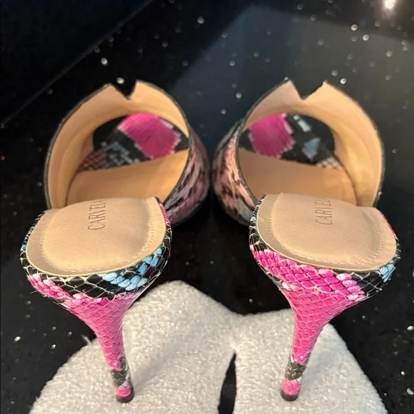 *Carvela Pink Turquoise Black Leather Snakeskin Stiletto Open Toe Heels Slides - Picture 4 of 9
